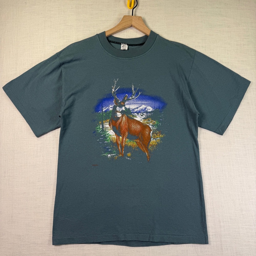 VTG Wildlife Shirt Medium Mens Deer Buck Nature Graphic Green Mountain Scene USA